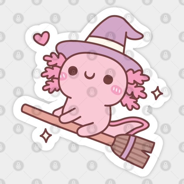 Cute Axolotl Witch Flying On A Broom Sticker by rustydoodle